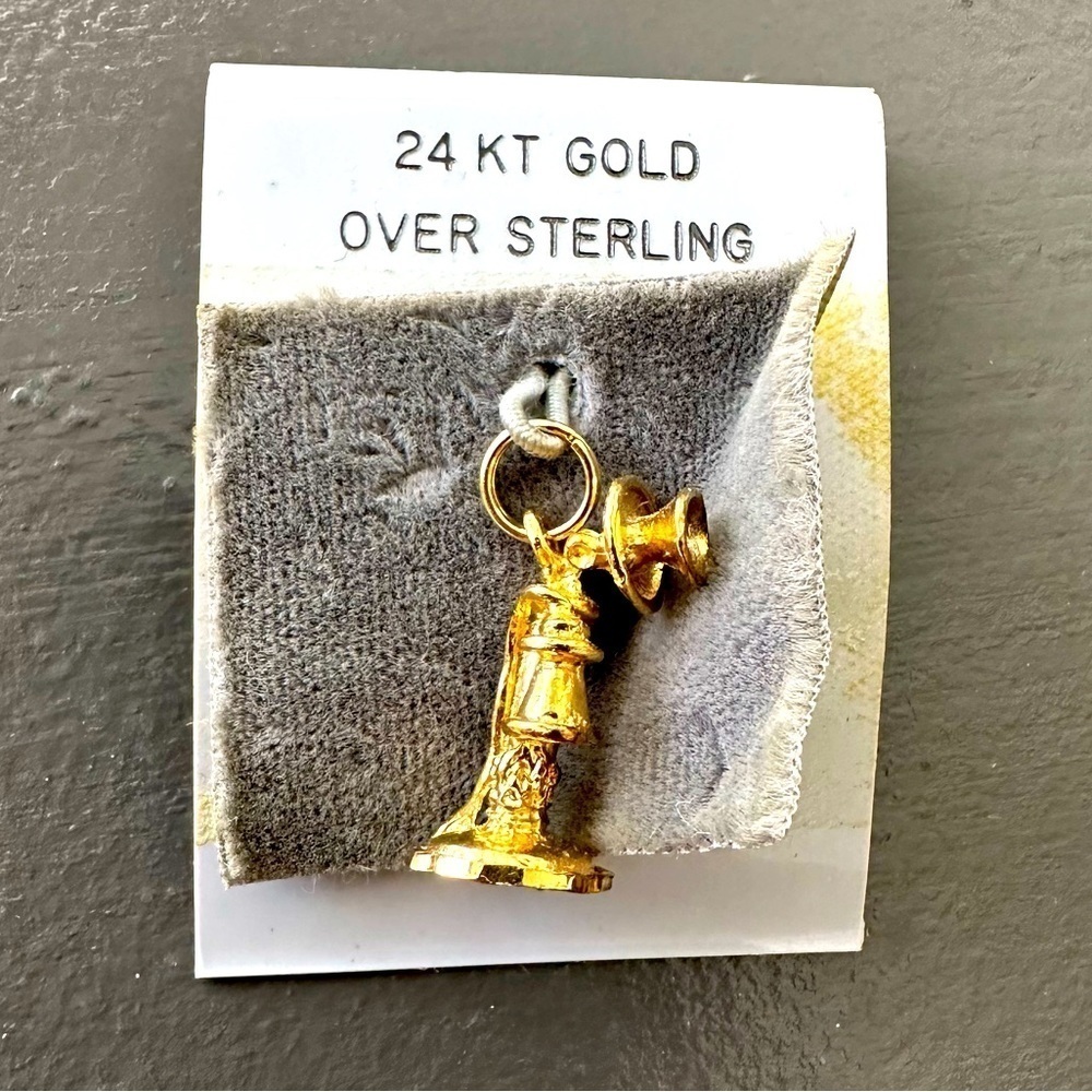 Vintage Charm 24 KT Gold Over Sterling Antique Telephone Pendant for Necklace